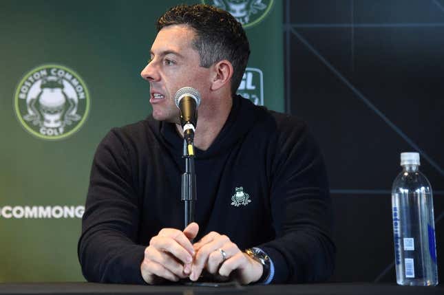 Nov 6, 2023; Boston, Massachusetts, USA;  Boston Common Golf player Rory McIlroy addresses a member of the media during a press conference at MGM Music Hall MassMutual Lounge.