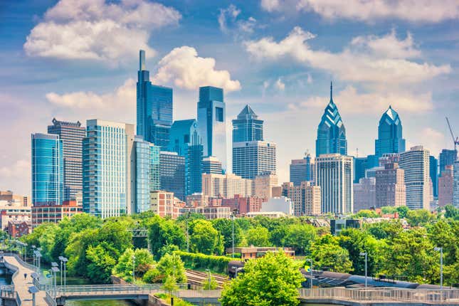 The downtown skyline of Philadelphia on a sunny day