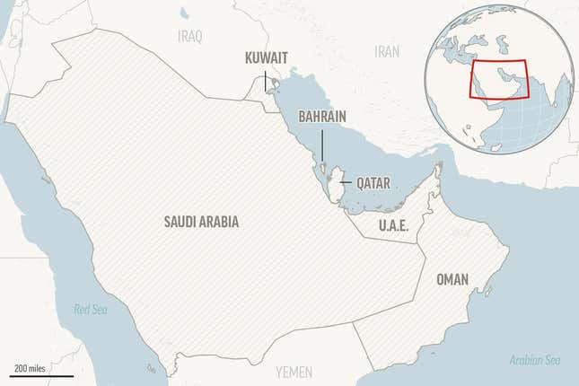 This is a locator map for the Gulf Cooperation Council member states: Saudi Arabia, Bahrain, Qatar, Oman, Kuwait and United Arab Emirates. (AP Photo)