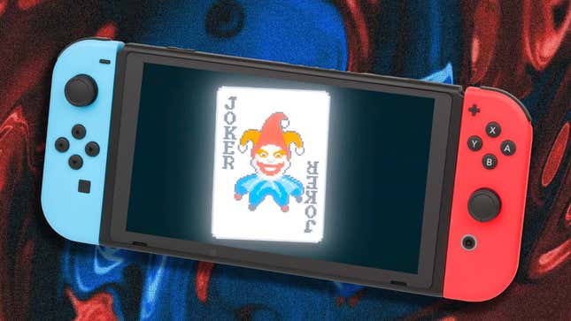 An image shows a Nintendo Switch with a pixel art joker card on the screen. 