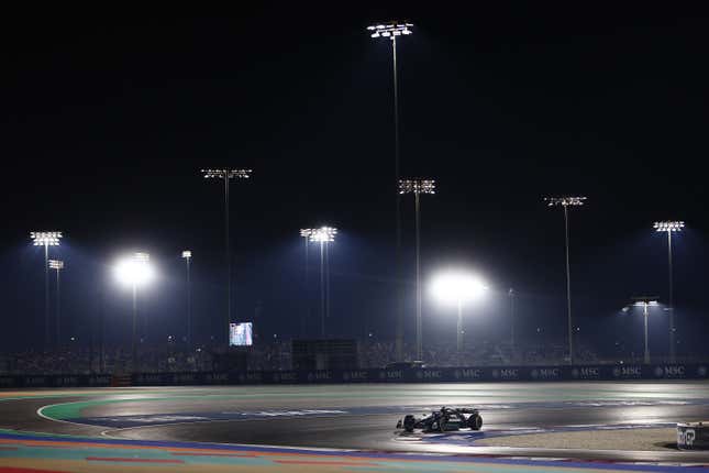 George Russell of Great Britain driving the (63) Mercedes AMG Petronas F1 Team W14 on track during the F1 Grand Prix of Qatar at Lusail International Circuit on October 08, 2023 in Lusail City, Qatar