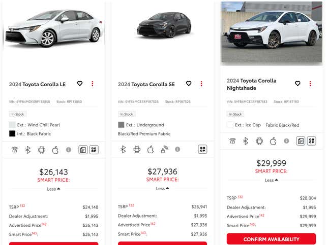A Screenshot from Roseville Toyota's website showing its cheapest Corolla listed at $26,143