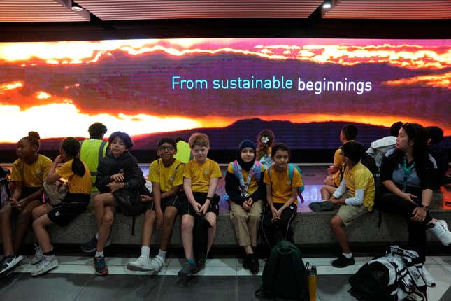 Students visit Masdar City near Abu Dhabi, United Arab Emirates, as Dubai hosts the COP28 U.N. Climate Summit, Friday, Dec. 8, 2023. (AP Photo/Kamran Jebreili)