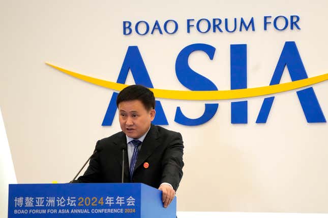 Pan Gongsheng, Governor of People&#39;s Bank of China, speaks at a sub forum ahead of the annual Boao Forum held in Boao in southern China&#39;s Hainan province on Wednesday, March 27, 2024. China&#39;s central bank governor calls for accleration of reforms on quta allocation at IMF to increase the voice of Asia (AP Photo/Olivia Zhang)