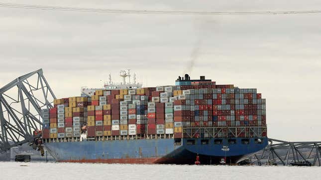 The cargo ship Dali sits in the water after running into and collapsing the Francis Scott Key Bridge on March 26, 2024 in Baltimore, Maryland.