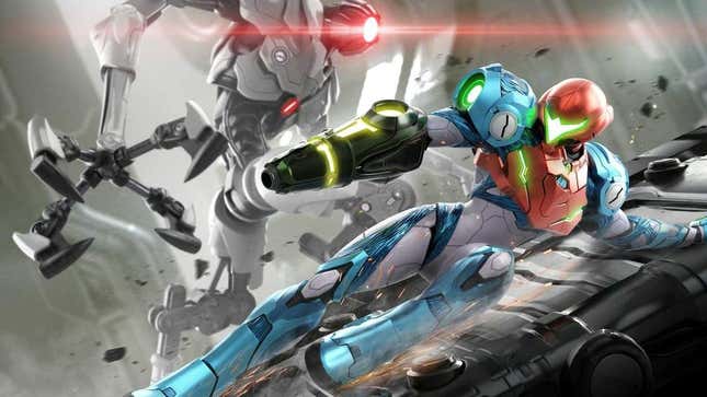 Samus Aran dodges a robotic enemy in Metroid Dread.