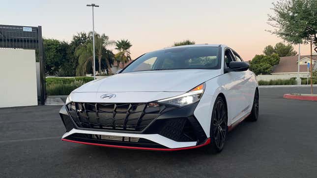 Front 3/4 view of a white Hyundai Elantra N