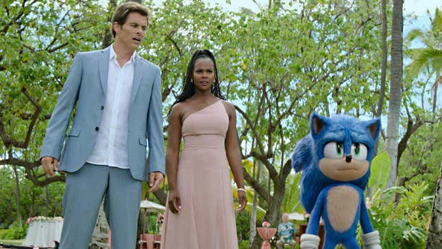 Tom and Maddie look confused as Sonic looks at something off-screen.