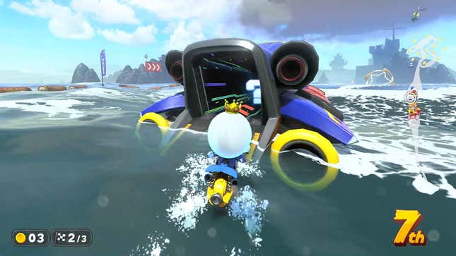 King Boo approaches a speedboat sitting in the water.