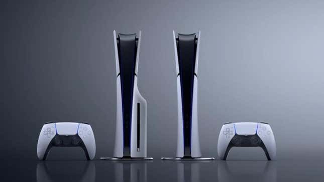 PlayStation 5 slim consoles stand in front of a grey background. 