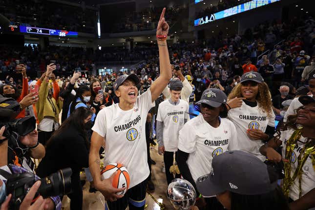 Candace Parker #3 of the Chicago Sky celebrates after defeating the Phoenix Mercury 80-74 in Game Four of the WNBA Finals to win the championship at Wintrust Arena on October 17, 2021 in Chicago, Illinois.