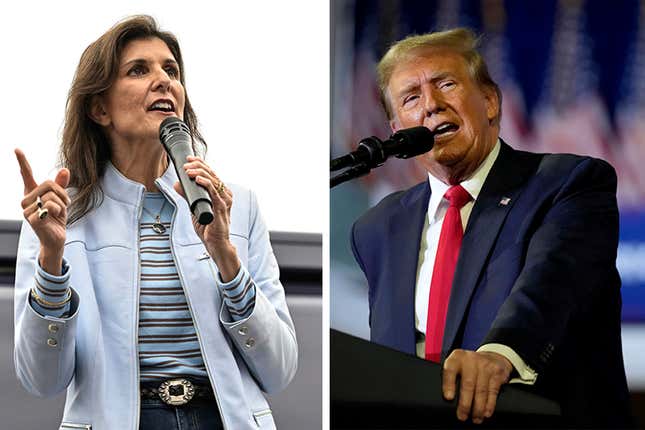 This combo photo shows Republican presidential candidate former UN Ambassador Nikki Haley, left, in Greenwood, S.C., and Republican presidential candidate former President Donald Trump in Conway, S.C., both on Saturday, Feb. 10, 2024. The race for the Republican nomination got personal Saturday when Trump questioned the absence of Haley’s husband on the campaign trail. (AP Photo, File)