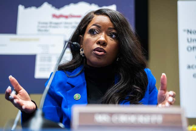  UNITED STATES - JANUARY 4: Rep. Jasmine Crockett, D-Texas, a member of the House Oversight and Accountability Committee, conducts a news conference in Rayburn Building on a report by committee Democrats on a “multi-year investigation into payments accepted by former President Trump’s businesses from foreign governments during his term in office, in violation of the Constitution,” on Thursday, January 4, 2024.