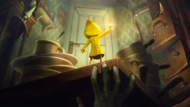 Ilustración clave de Little Nightmares que muestra al personaje del jugador y una mano amenazante que intenta alcanzarlo.