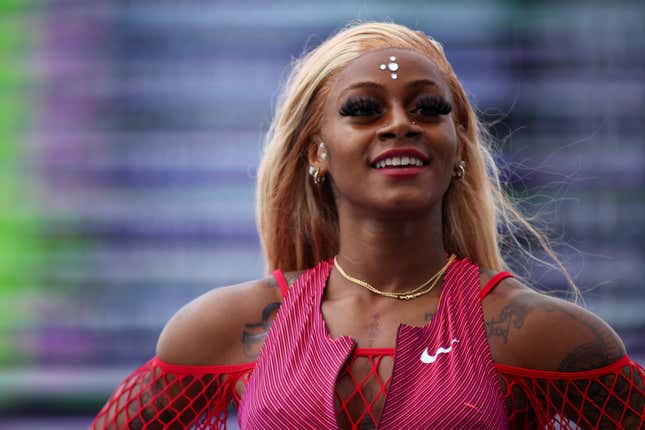  Sha’Carri Richardson smiles after placing second in the Women’s 100m during the New York Grand Prix at Icahn Stadium on June 12, 2022 in New York City.