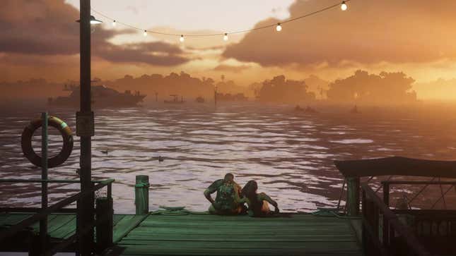 A man and a woman sit on a dock at sunset in an image from GTA VI.