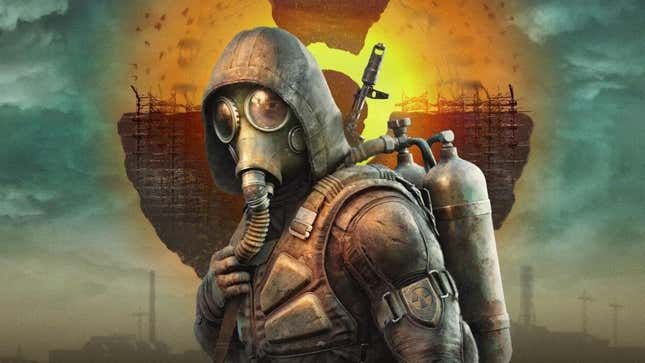 Someone in a gas mask appears in front of a radioactive warning.