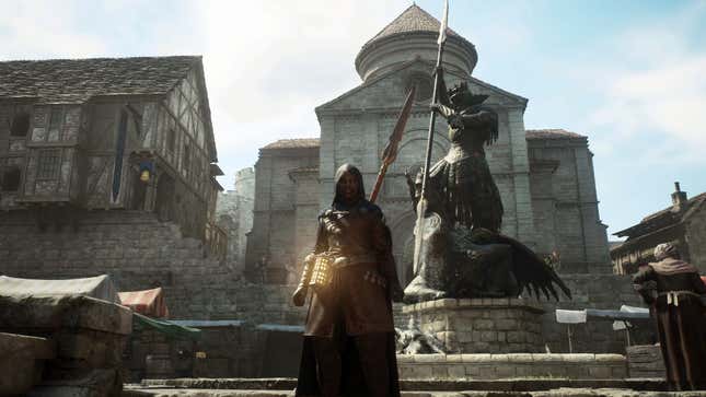 My Mystic Spearhand stands in front of a huge statue in Vernworth's center plaza in Dragon's Dogma 2.