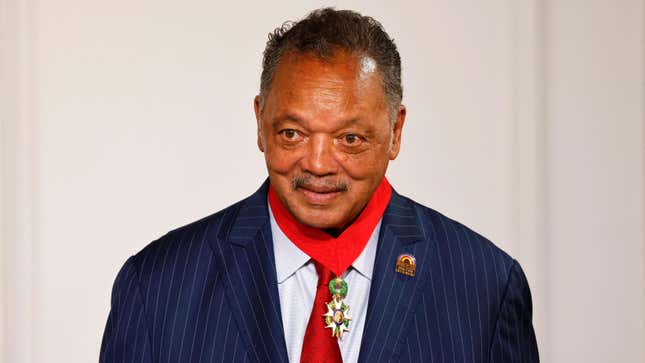 Veteran American civil rights activist Reverend Jesse Jackson looks after being awarded with the Legion of Honour by French President at the Elysee Palace in Paris on July 19, 2021. 