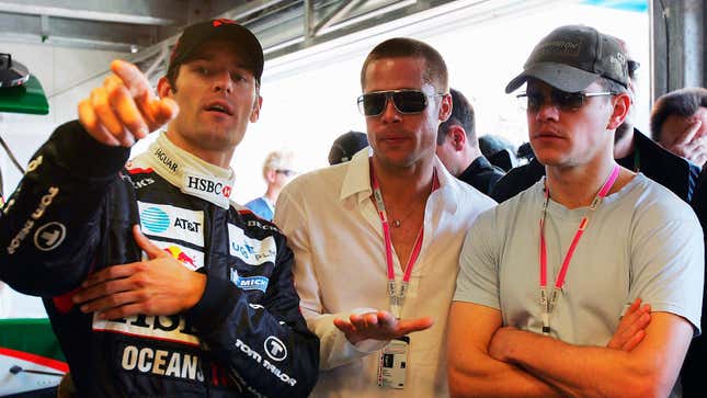 Mark Webber shows Brad Pitt and Matt Damon around the Jaguar garage at the 2004 Monaco Grand Prix, as part of a tie-in with the film Ocean’s Twelve. Fun fact: This was the same race where Webber’s teammate Christian Klien crashed and lost a $300,000 diamond embedded into his car’s nosecone.