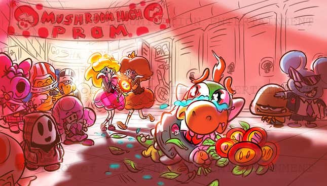 Ein junger Bowser weint über Blumen, während Peach, Daisy und andere Charaktere lachen.