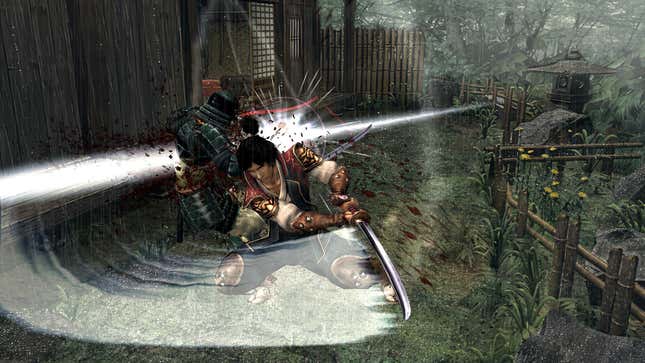 A playable character in Onimusha 2 slashes through an enemy.