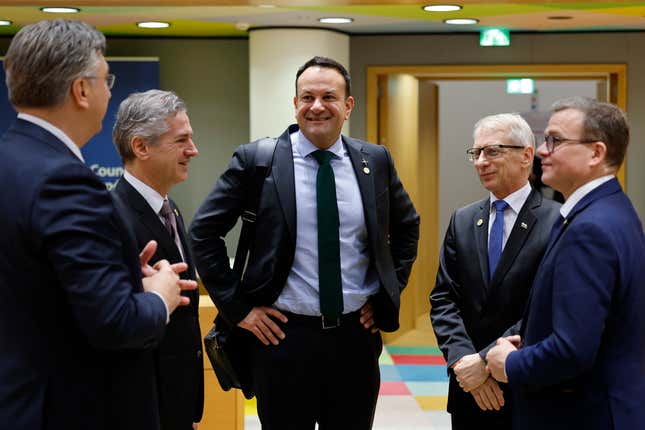 From left, Croatia&#39;s Prime Minister Andrej Plenkovic, Slovenia&#39;s Prime Minister Robert Golob, Ireland&#39;s Prime Minister Leo Varadkar, Bulgaria&#39;s Prime Minister Nikolai Denkov and Finland&#39;s Prime Minister Petteri Orpo talk during a round table meeting at an EU summit in Brussels, Thursday, Feb. 1, 2024. European Union leaders meet in Brussels for a one day summit to discuss the revision of the Multiannual Financial Framework 2021-2027, including support for Ukraine. (AP Photo/Geert Vanden Wijngaert)