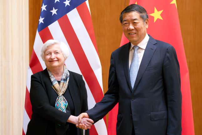 FILE - Treasury Secretary Janet Yellen, left, shakes hands with Chinese Vice Premier He Lifeng during a meeting at the Diaoyutai State Guesthouse in Beijing, China, July 8, 2023. The U.S. Treasury Department and China&#39;s Ministry of Finance launched a pair of economic working groups on Friday in an effort to ease tensions and deepen ties between the nations. (AP Photo/Mark Schiefelbein, Pool, File)