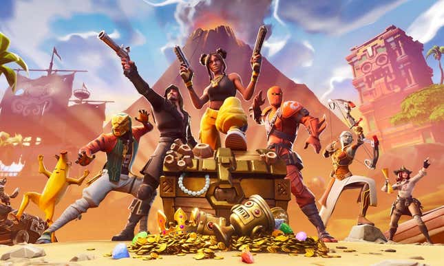 The image shows Fortnite characters near a treasure chest.