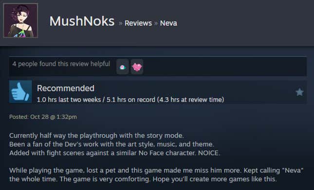 A screenshot shows a Steam user review from Neva.