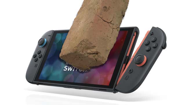 A Nintendo Switch 2 with a brick dropped on it.