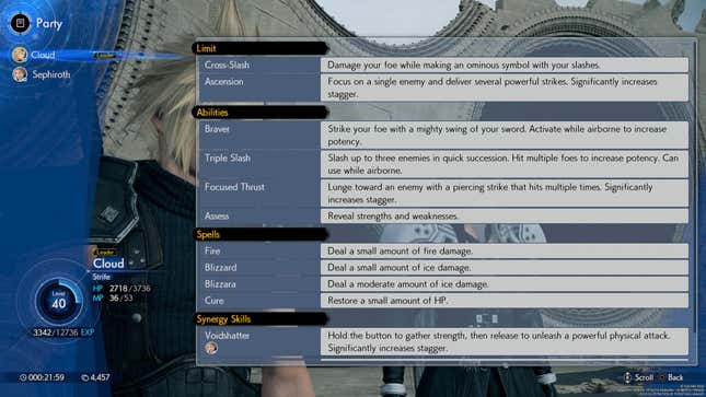 A screenshot of the main menu in Final Fantasy VII Rebirth shows Cloud's combat moves.