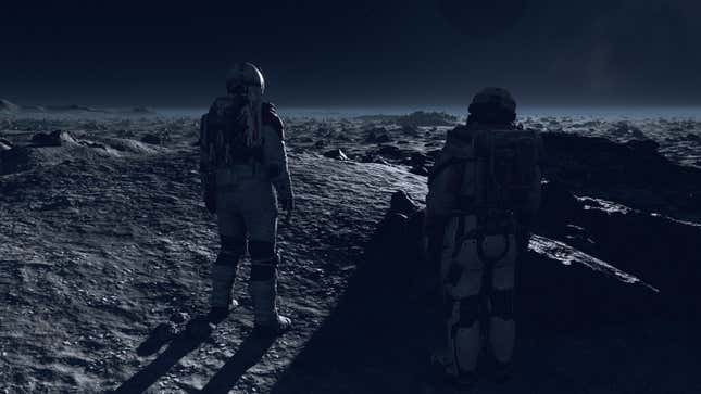 Two astronauts stare out at the horizon on a rocky planet surface.