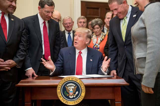 Trump speaks as he signs the Waters of the United States (WOTUS) executive order, Feb. 28, 2017, in the Roosevelt Room. The executive order directs the Environmental Protection Agency to withdraw the Waters of the United States (WOTUS) rule, which expanded the number of waterways that are federally protected under the Clean Water Act.