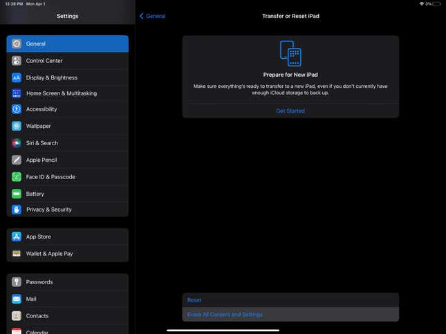 Screenshot of how to restore iPad to factory settings