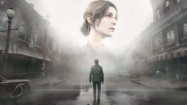 A man walks down a foggy street and a woman's face is shown in the sky.