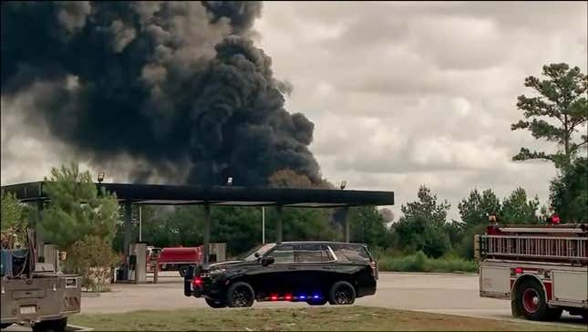 Smoke fills the sky from a chemical plant fire in Shepherd, Texas on Thursday, Nov. 8, 2023. Authorities issued a shelter in place order for the Texas residents within a one-mile radius of the chemical plant fire Wednesday. (XTRK via AP)