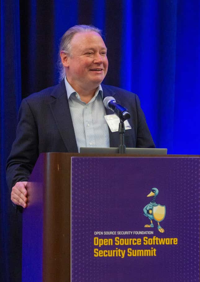 Brian Behlendorf speaks at the Open Source Software Security Summit in Washington D.C. on May 14, 2022. 