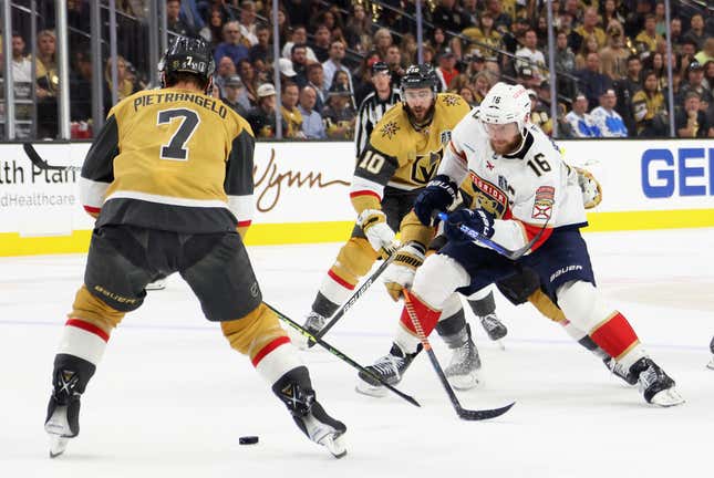 LAS VEGAS, NEVADA - JUNE 13: Aleksander Barkov #16 of the Florida Panthers skates against the Vegas Golden Knights in Game Five of the 2023 NHL Stanley Cup Final at T-Mobile Arena on June 13, 2023 in Las Vegas, Nevada. (Photo by Bruce Bennett/Getty Images)