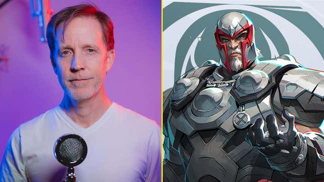 A voice actor is juxtaposed next to a Marvel character.