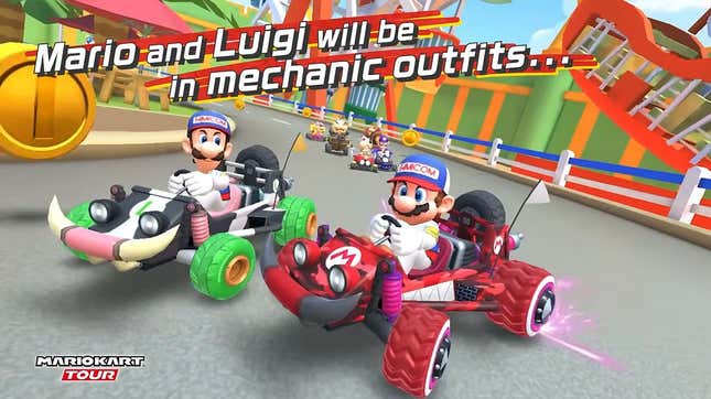 Luigi and Mario driving their karts in their new mechanic outfits.