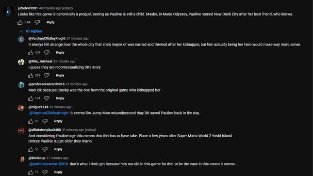Screenshot of YouTube comments debating DK Bananza's place in the lore.