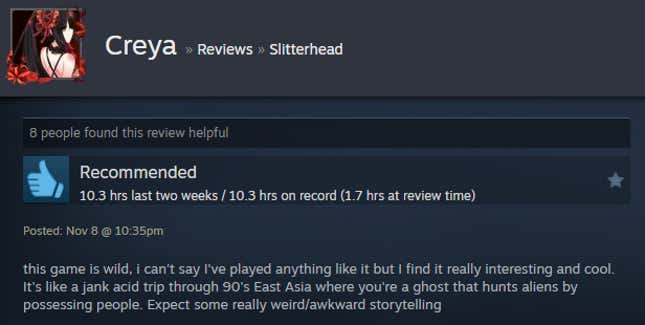 A screenshot shows a Steam user review for Slitterhead.