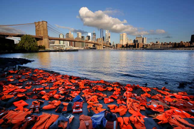 The “graveyard of life jackets” in Brooklyn, New York.