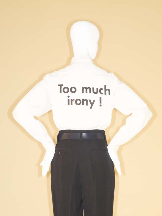 Irony—the antithesis of seriousness—is a defining quality of camp. Above: an ironic shirt by Franco Moschino for Moschino, 1991.