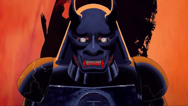 Iron Maiden's mascot Eddie in black samurai armor in the music video for "Stratego."