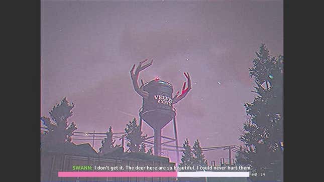 A screenshot shows a water tower from the perspective of a camcorder.
