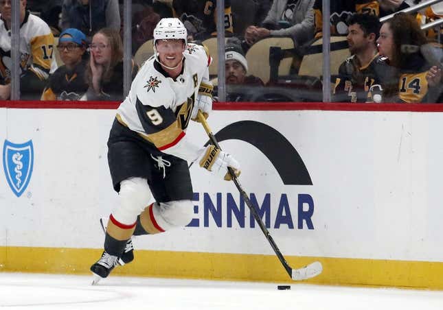 Nov 19, 2023; Pittsburgh, Pennsylvania, USA;  Vegas Golden Knights center Jack Eichel (9) moves the puck against the Pittsburgh Penguins during the first period at PPG Paints Arena.