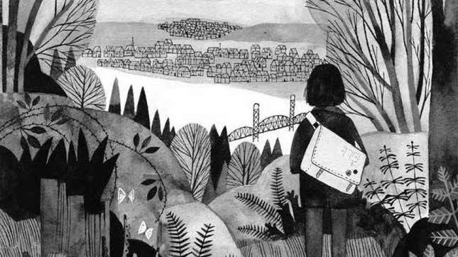 A young girl stares across the river at Portland in a black and white illustration from Wildwood