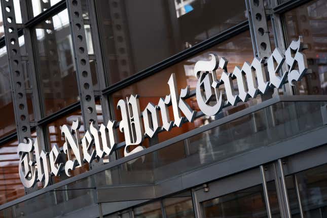 FILE - A sign for The New York Times hangs above the entrance to its building, May 6, 2021 in New York. A barrage of high-profile lawsuits in a New York federal court, including one by the New York Times, will test the future of ChatGPT and other artificial intelligence products. (AP Photo/Mark Lennihan, File)